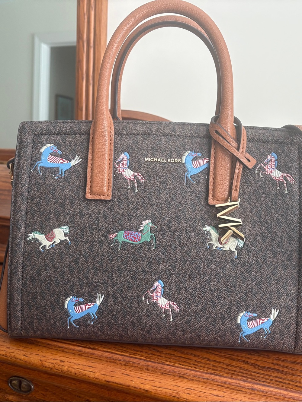 Michael Kors Laila Brown Logo Satchel with Multicolor Horse Motif